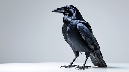 professional photograph of a single black crow perched upright with wings folded, its glossy feathers reflecting studio lighting, against a pristine white background, with the crow's beak.