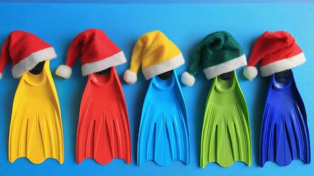 Five colorful swim fins wearing Santa hats lined up on a blue background.