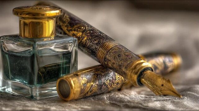 An ornate fountain pen with a gold nib and intricately patterned body rests beside a square glass ink bottle with a gold cap.