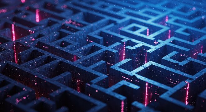 Abstract digital maze with glowing red lights and intricate pathways, representing complexity and data flow.