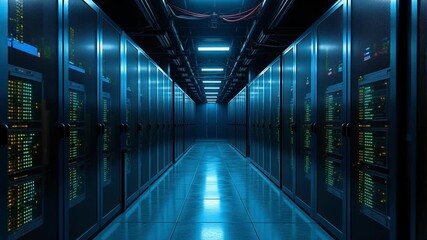Cyber Monday tech deals revealed in massive server room with blinking lights. 4K footage of data center infrastructure and digital technology. - Powered by Adobe