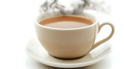 Obraz premium Steaming cup of tea on a saucer, white background, close up shot