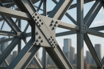 A steel structure shows rivets, set against a cityscape. Highlights engineering design, construction, and the urban environment behind the bridge structure.