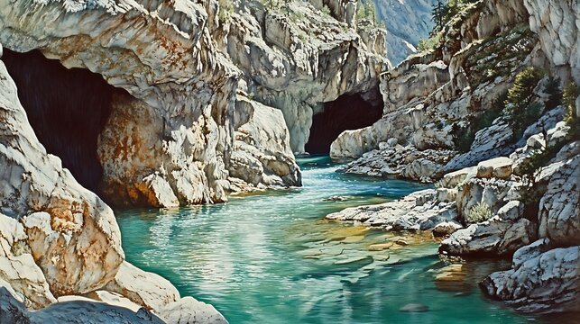 Turquoise river flows through a rocky canyon with caves on either side, creating a picturesque and serene natural landscape