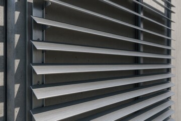 Obraz premium Close-up of horizontal metal louvers on a building facade. Modern architectural structure providing shading and ventilation with clean industrial lines.