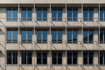 Fototapeta premium Front view of a modern building facade with metal structural frames and large windows. Symmetrical architectural design showcasing clean lines and geometry.