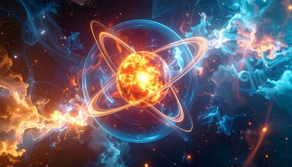 Abstract rendering of a fiery celestial body with orbiting rings, enveloped by swirling clouds of radiant energy in a cosmic void