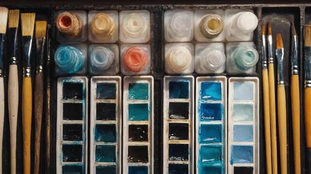 A watercolor paint set with rectangular pans of pigment and an array of brushes arranged in a case.