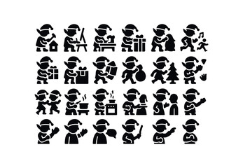 Obraz premium vector solid black filled icons Christmas Elves (Scenes) elf, building, painting, sewing, knitting, carving, drawing, wrapping, packing, carrying, lifting, elf.