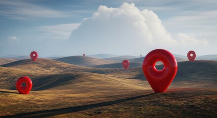 Red location pins scattered across a vast dry landscape with mountains