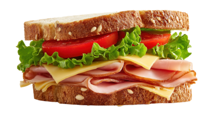 Close-up of two sandwiches with bacon, salami, prosciutto and fresh vegetables on rustic wooden cutting board. Club sandwich concept.