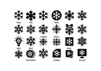 Obraz premium vector solid black filled icons Snowflakes (Decorations) paper, flake, felt, wooden, glass, metal, clay, plastic, fabric, crystal, glitter, ribbon.