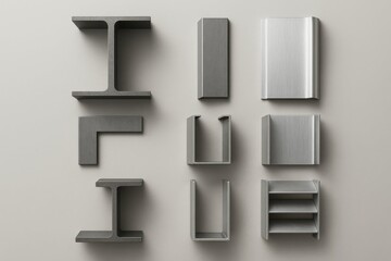An overhead studio view of a variety of metal profiles arranged on a light grey surface. Perfect for illustrating construction materials, industrial design, or engineering concepts.