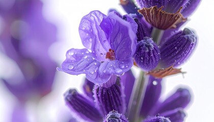 Close Up of a Vibrant Purple Lavender Flower with Water Droplets and White Background