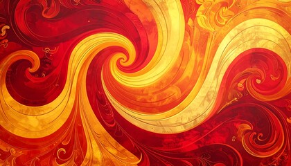 An abstract composition features swirling, golden and fiery red patterns, creating a dynamic and decorative backdrop. The warm color palette evokes energy and artistic expression