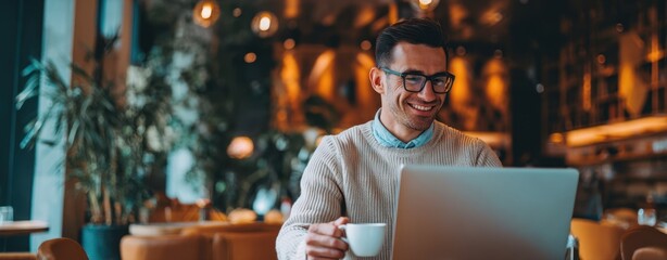 The Laptop At A Cozy Cafe Capturing A Smiling Professional At Work