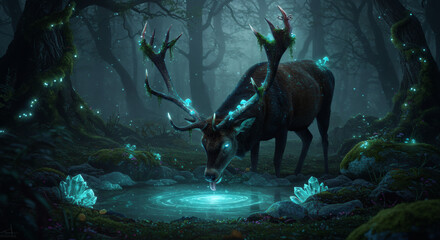 Majestic stag drinks from a glowing pool in a mystical forest scene