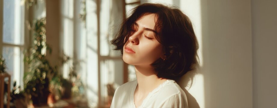 The Sunlit Woman in Quiet Contemplation Seated by a Window with Plants - Powered by Adobe