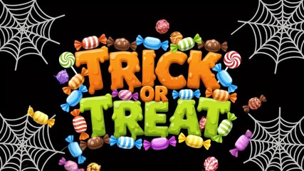 Colorful cartoon trick or treat text surrounded by sweet candy and spiderwebs for Halloween celebration - Powered by Adobe