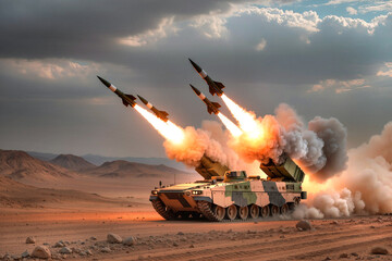 A military missile laucher vehicle in dessert firing missiles into the sky against cloudy dark sky background	