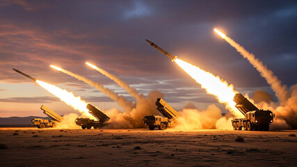 A military missile laucher vehicle in dessert firing missiles into the sky against cloudy dark sky background	