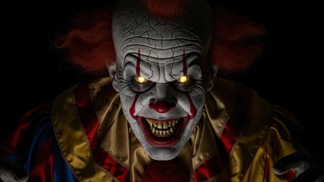 Eerie Clown Grin: A Close-Up Portrait of Nightmarish Horror in the Darkness and Creepy Clown