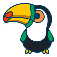 Illustration of a cartoon toucan with yellow beak and green and black body on a white background © tinybrushcreations