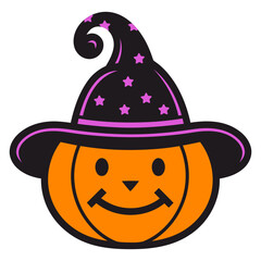 Cartoon pumpkin wearing a witch hat decorated with stars for halloween celebration and party decoration