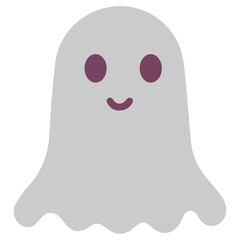 A cartoonish gray ghost with round purple eyes and a smiling mouth floating on a white background