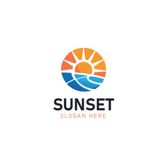 Sunset logo design with sun and ocean waves for travel, beach resort, wellness, and nature branding