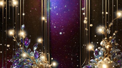 ラグジュアリーな紫の宝石と夜空モチーフ金アールデコ壁紙
