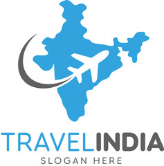 Travel India logo design with airplane and map of India for tourism, vacation, and travel agency branding