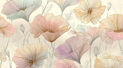Elegant Floral Wallpaper with Pastel Poppies and Delicate Line Details Creates a Serene Aesthetic