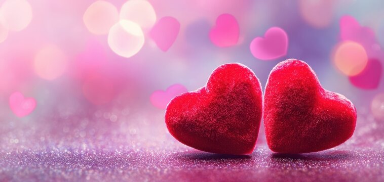 The hearts two red velvet hearts on a sparkling pink bokeh background for romance - Powered by Adobe
