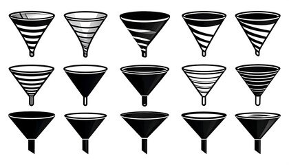 Assortment of stylized funnels, black and white, with varied patterns