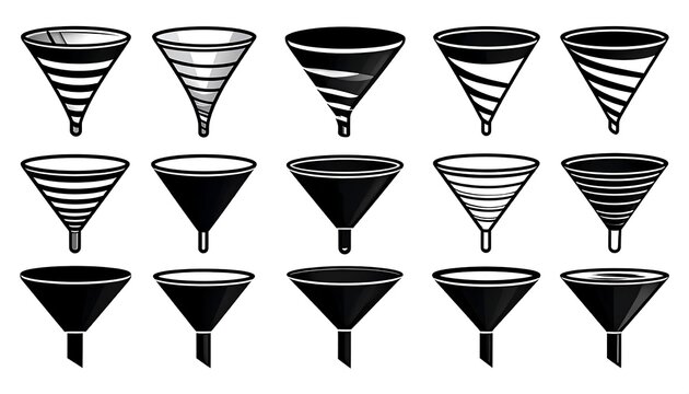 Assortment of stylized funnels, black and white, with varied patterns