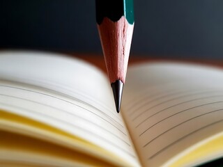Sharp pencil poised above blank lined notebook ready to capture creative ideas and important thoughts for inspiration and planning