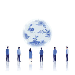 People admiring a celestial art illustration