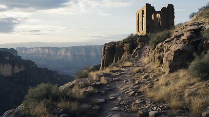Stone steps lead to a weathered ruin perched on a rocky cliff, overlooking a vast canyon landscape, creating a sense of isolation and rugged beauty