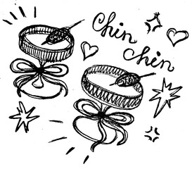 Hand-drawn champagne glasses with decorative bows and sparkle effects  