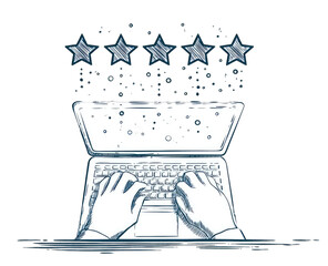 Hands typing on laptop, five stars above, suggesting positive user reviews