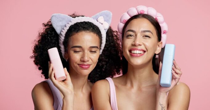 Women, beauty and products for face, studio and excited for facial treatment promotion or marketing. Influencer, laugh and people with positive review for skincare bottles, advertising and background