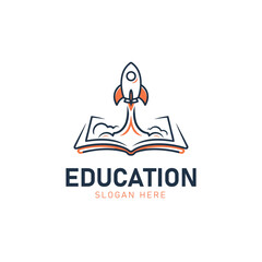 Education logo design with rocket launching from book for school, learning, and e-learning branding