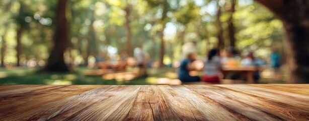 The Wooden Table in a Park Sunlit Moment with People