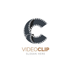 Video logo design with letter C shaped film strip for media, movie, production, and filmmaking branding