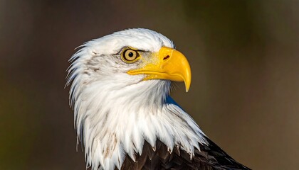 Obraz premium Close-up profile shot of a majestic eagle, showcasing its white feathered head, sharp yellow beak, and piercing golden eyes