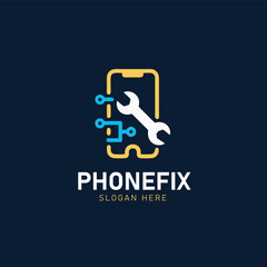 Phone repair logo design with smartphone and wrench for mobile service, gadget fix, and tech branding