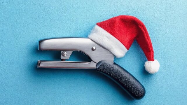 A metal stapler wearing a red Santa hat on a blue background.