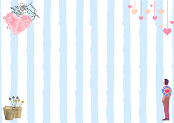 Valentine's day romantic border background in pinstripe blue pastel with cartoony images of Cupid boy angel aiming his arrow at a man, bordered with arrows and heart decorations