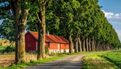 Rural Swedish Landscape with Row of Trees Along Gravel Road and Red Farmhouse